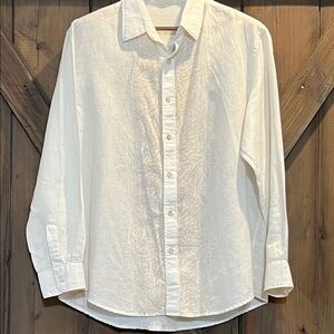 Tasso Elba Island Shirt XL White Linen Blend Button Up Gold Floral Hawaiian